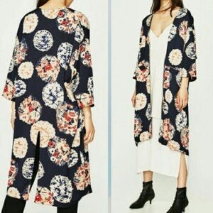 TRF Kimono Satin Navy Red Cream Peach Floral Circle Pattern Boho Duster Jacket